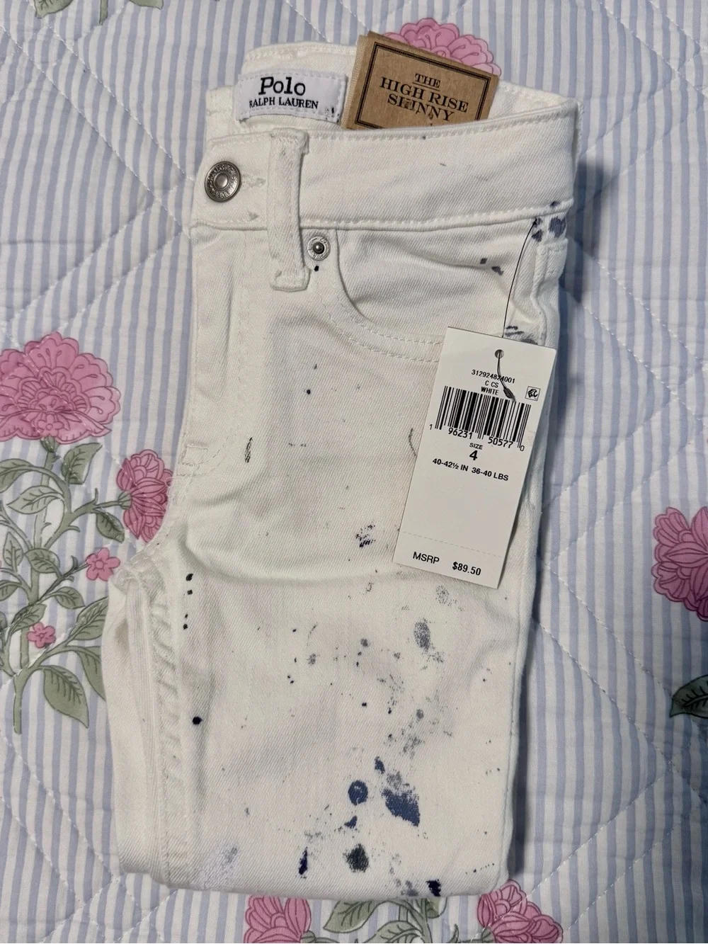 Ralph Lauren White High Rise Skinny Jeans with Blue Paint Detail